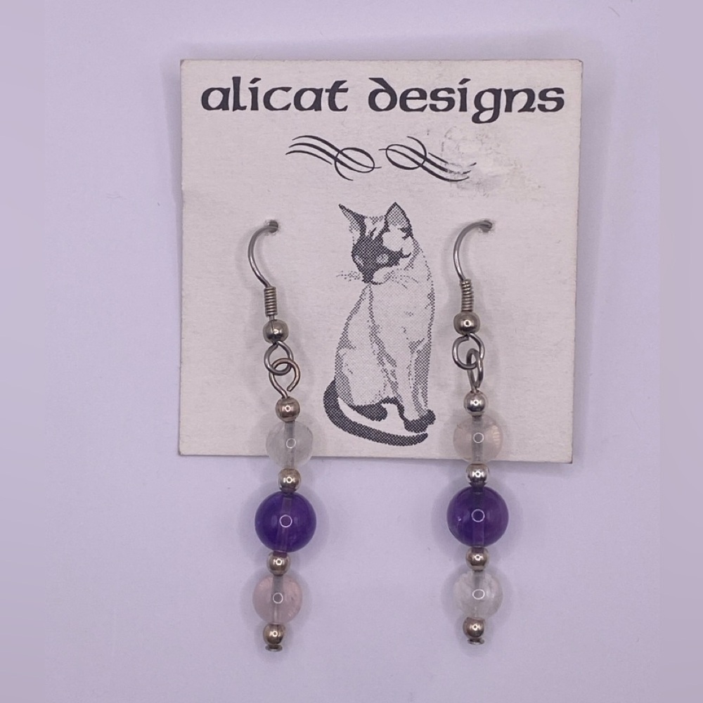 NWT Hand-Made Amethyst, Rose Quartz, Beads, and Sterling Silver Earrings